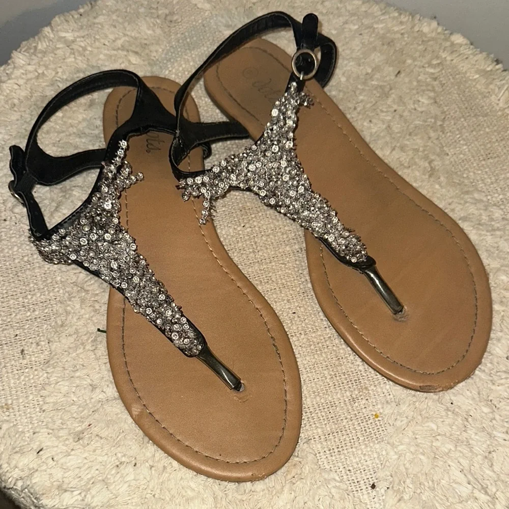 Dots Black and Silver Sandals with Flat Sole and Embellished Upper